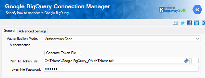 Google BigQuery Connection Manager configured with Authorization Code and a local token file path.
